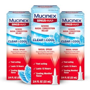 mucinex sinus-max nasal spray decongestant, 12 hour over-the-counter medication nose spray for sinus relief, nasal decongestants for adults & sinus congestion, cooling menthol, 0.75 fl oz (pack of 3)