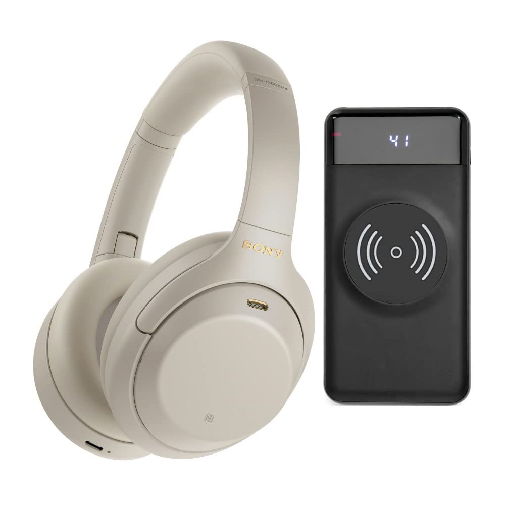 Sony WH-1000XM4 Wireless Noise Canceling Over-Ear Headphones (Silver) Bundle with 10000 mAh Ultra-Portable LED Display Wireless Quick Charge Battery Bank (Black) (2 Items)