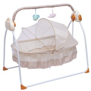loyalheartdy baby cradle swing 5 speed electric stand crib auto rocking chair bed with remote control infant musical sleeping basket for 0-18 months newborn babies, mosquito net+mat+pillow (khaki)