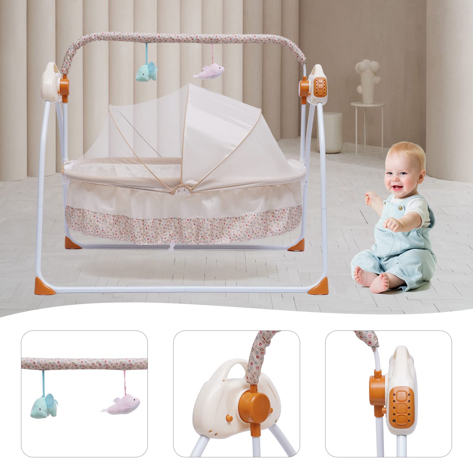 LOYALHEARTDY Baby Cradle Swing 5 Speed Electric Stand Crib Auto Rocking Chair Bed with Remote Control Infant Musical Sleeping Basket for 0-18 Months Newborn Babies, Mosquito Net+Mat+Pillow (Khaki)