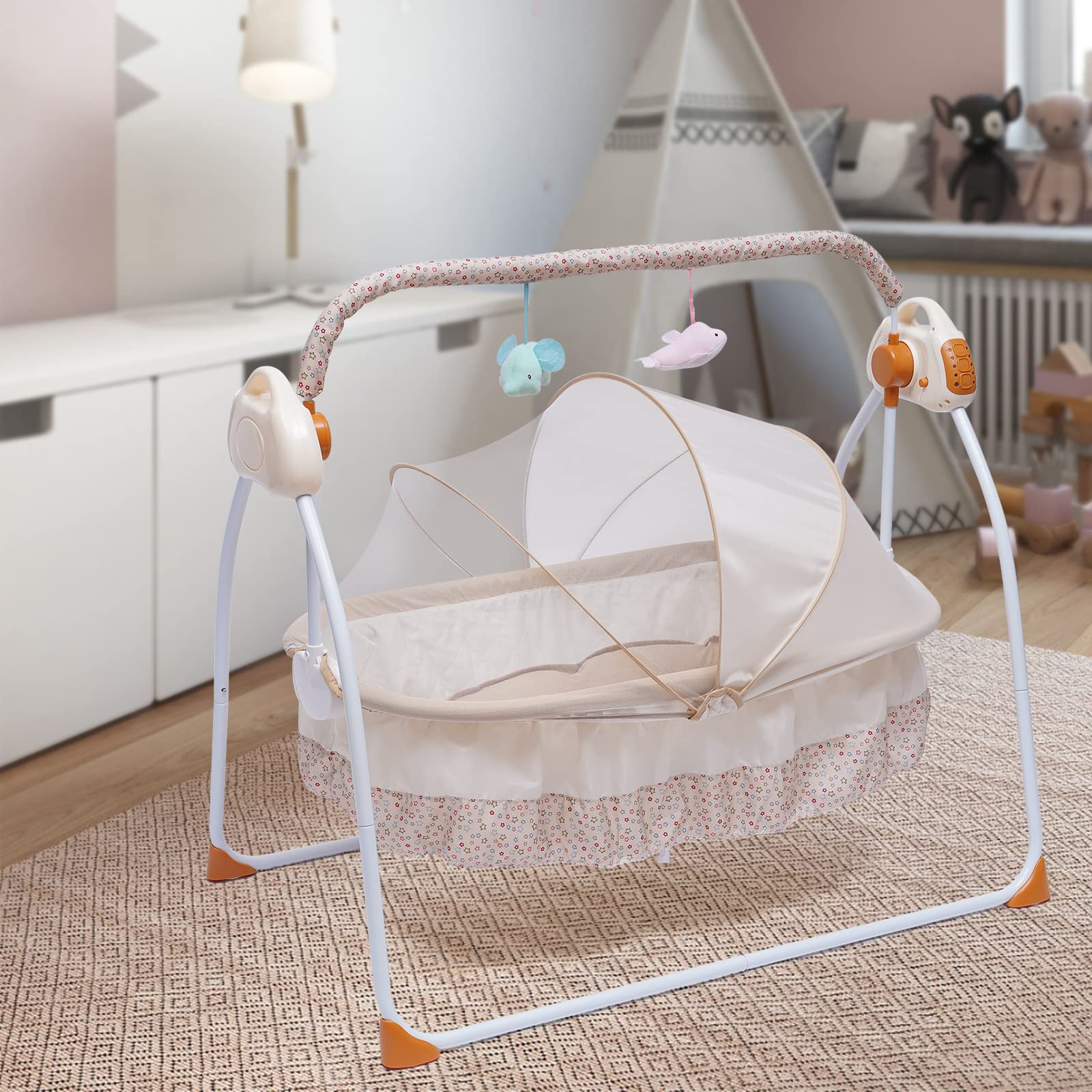 LOYALHEARTDY Baby Cradle Swing 5 Speed Electric Stand Crib Auto Rocking Chair Bed with Remote Control Infant Musical Sleeping Basket for 0-18 Months Newborn Babies, Mosquito Net+Mat+Pillow (Khaki)