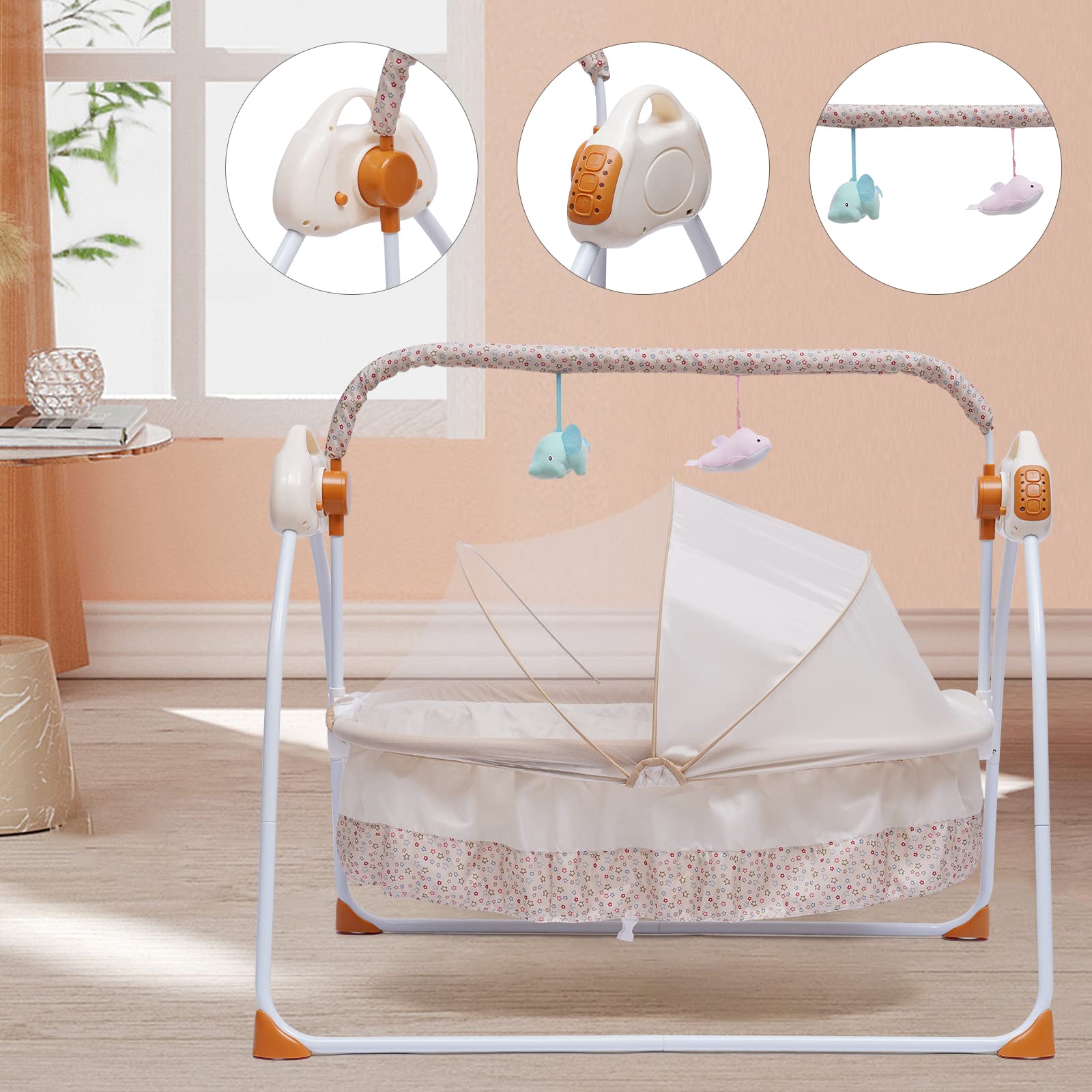 LOYALHEARTDY Baby Cradle Swing 5 Speed Electric Stand Crib Auto Rocking Chair Bed with Remote Control Infant Musical Sleeping Basket for 0-18 Months Newborn Babies, Mosquito Net+Mat+Pillow (Khaki)