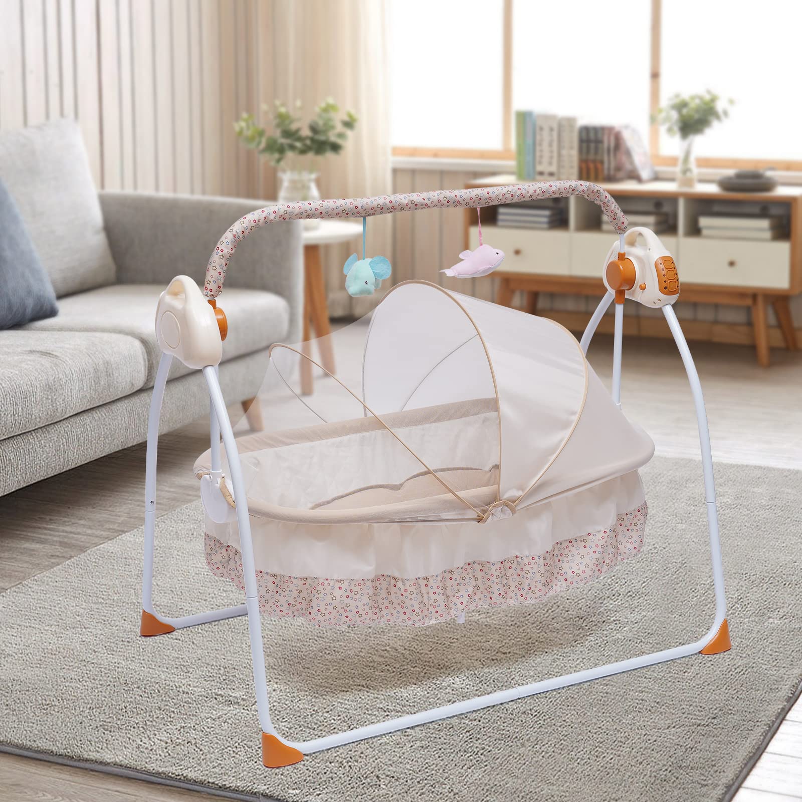 LOYALHEARTDY Baby Cradle Swing 5 Speed Electric Stand Crib Auto Rocking Chair Bed with Remote Control Infant Musical Sleeping Basket for 0-18 Months Newborn Babies, Mosquito Net+Mat+Pillow (Khaki)