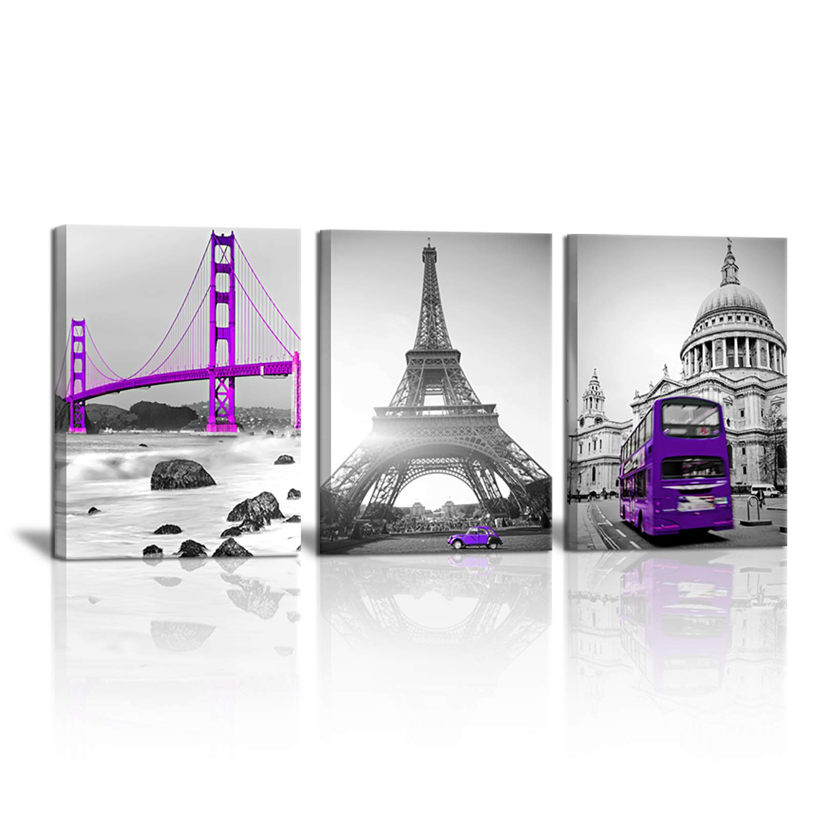 3 Piece Eiffel Tower Painting Canvas Wall Art Golden Gate Bridge Picture St Paul's Cathedral Poster Prints Gray White Purple Artwork for Living Bathroom Bedroom Home Decor Easy to Hang 12"x16"x3PCS