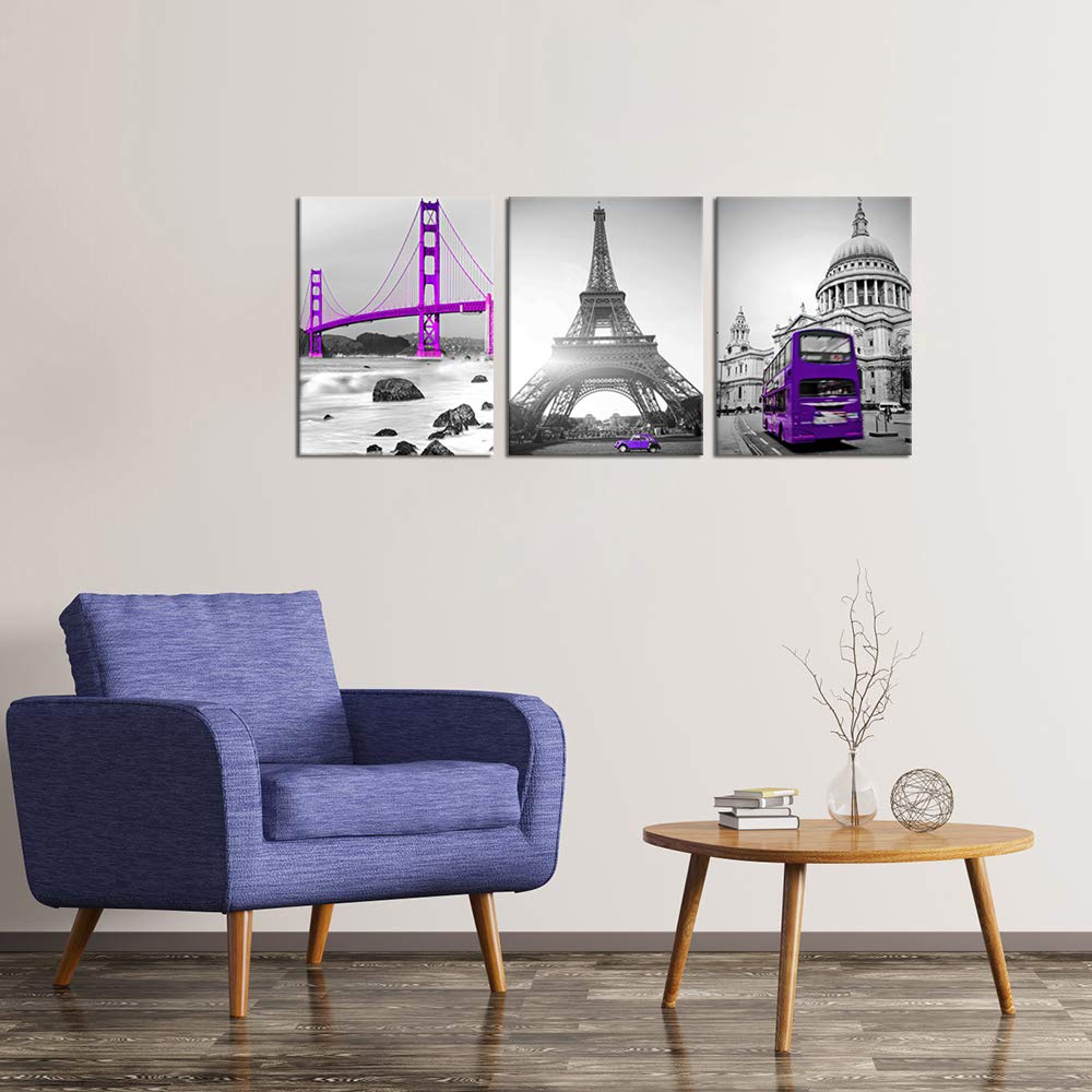 3 Piece Eiffel Tower Painting Canvas Wall Art Golden Gate Bridge Picture St Paul's Cathedral Poster Prints Gray White Purple Artwork for Living Bathroom Bedroom Home Decor Easy to Hang 12"x16"x3PCS