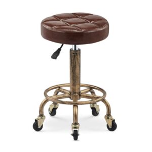 rugs portable beauty stool with wheels，small adjustable stool with brown pu synthetic leather seat，adjustable height 50-64 cm，supported weight 160 kg，drafting stoolfor home office