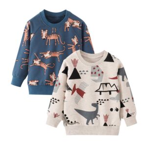 azalquat toddler boys girls crewneck sweatshirt, cotton long-sleeved pullover cartoon print (dinosaurs & tigers, 2-3t)