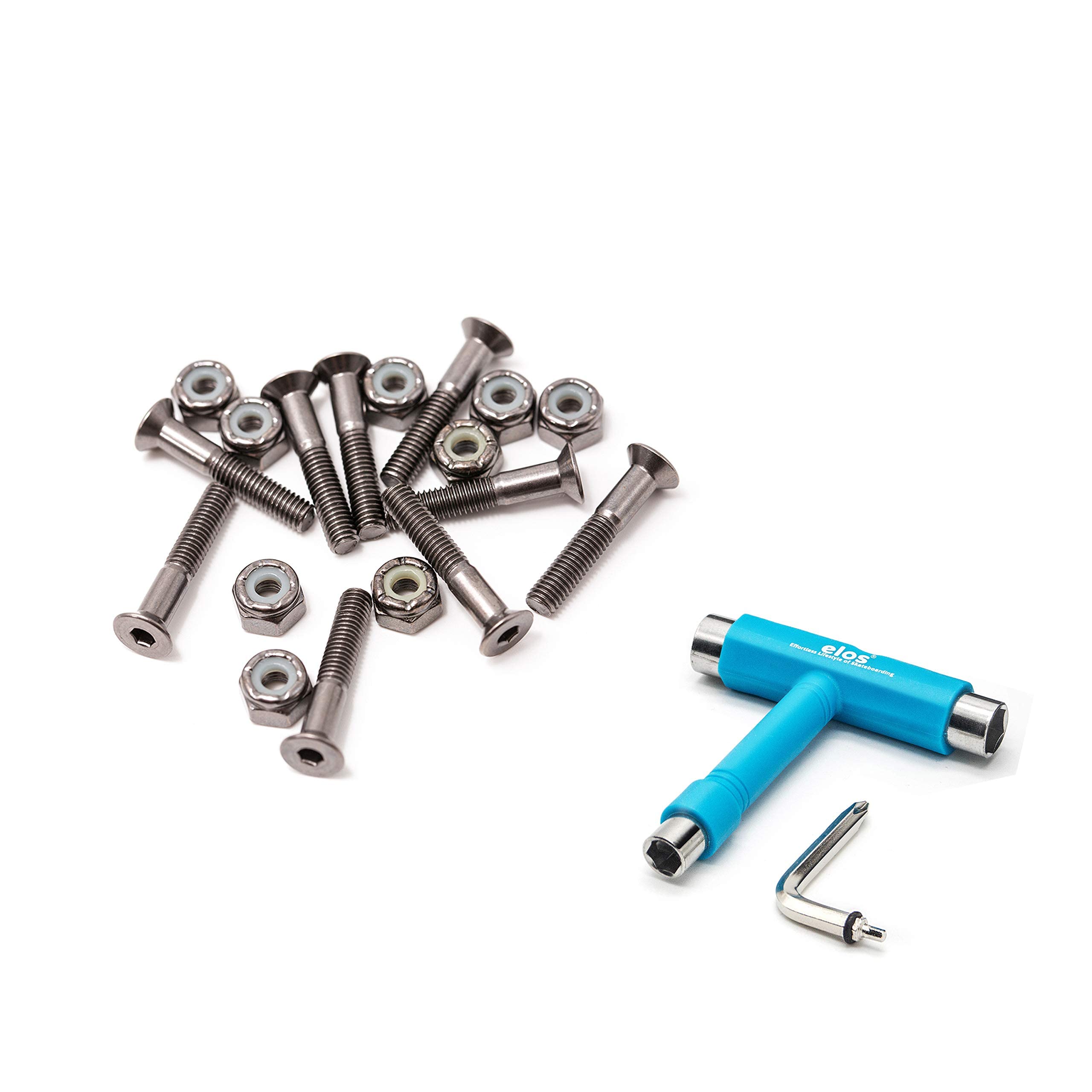 ELOS Skateboards Mounting Hardware Set (9 Screws and 9 Nuts) with All-in-one Skate Tool Bundle