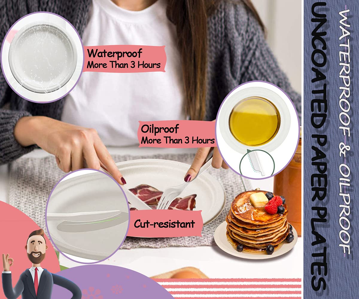 Chinette Paper Plates Dinner (7 inch 50 Pcs) + Disposable Plates (9 inch 50 Pcs), Dessert Plates Disposable, Compostable Biodegradable Dinner Plates, Set of 100, Suitable for Restaurant/Fast Food Shop