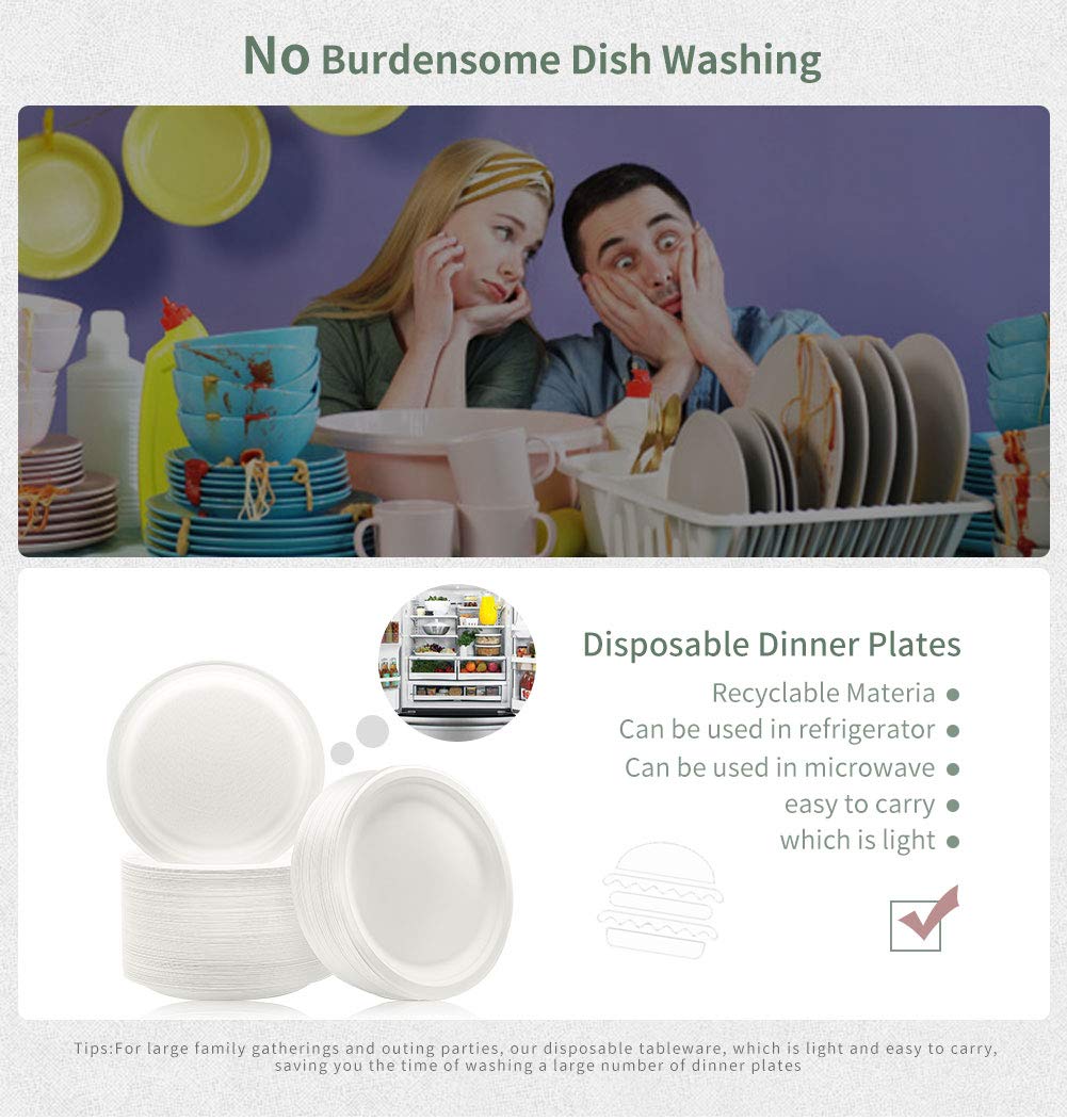 Chinette Paper Plates Dinner (7 inch 50 Pcs) + Disposable Plates (9 inch 50 Pcs), Dessert Plates Disposable, Compostable Biodegradable Dinner Plates, Set of 100, Suitable for Restaurant/Fast Food Shop