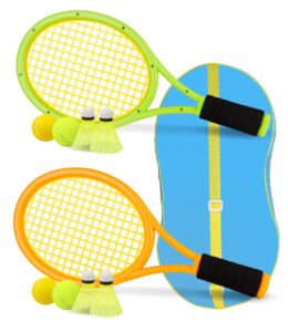 kids tennis racket,17 inch plastic tennis racket with 2 soft balls,2 tennis balls and 4 shuttlecocks for kid,toddler outdoor/indoor sport play (green&yellow)