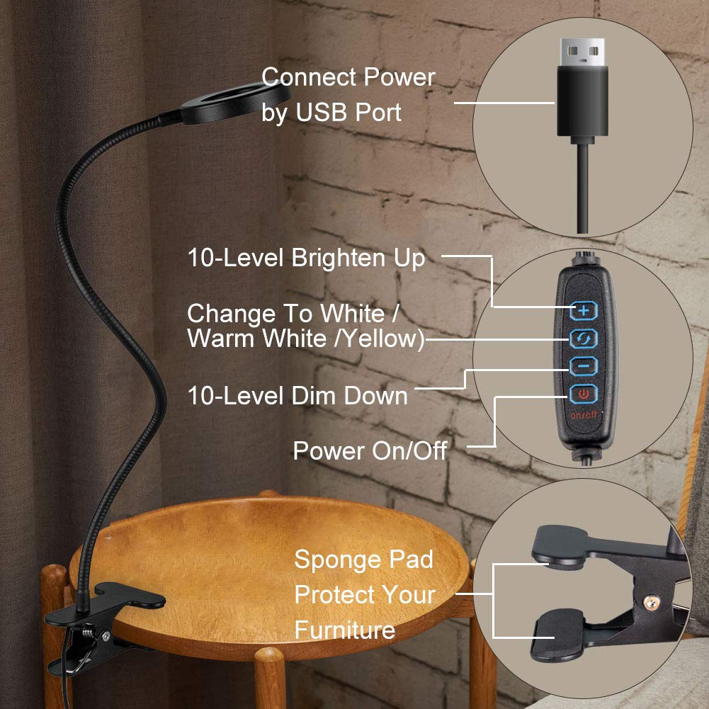 Bekada Clip on Desk/Ring Light with Clamp for Video Conference Lighting, Computer Webcam, USB LED Laptop Light for Zoom Meetings Reading with 3 Color 10 Dimming Level