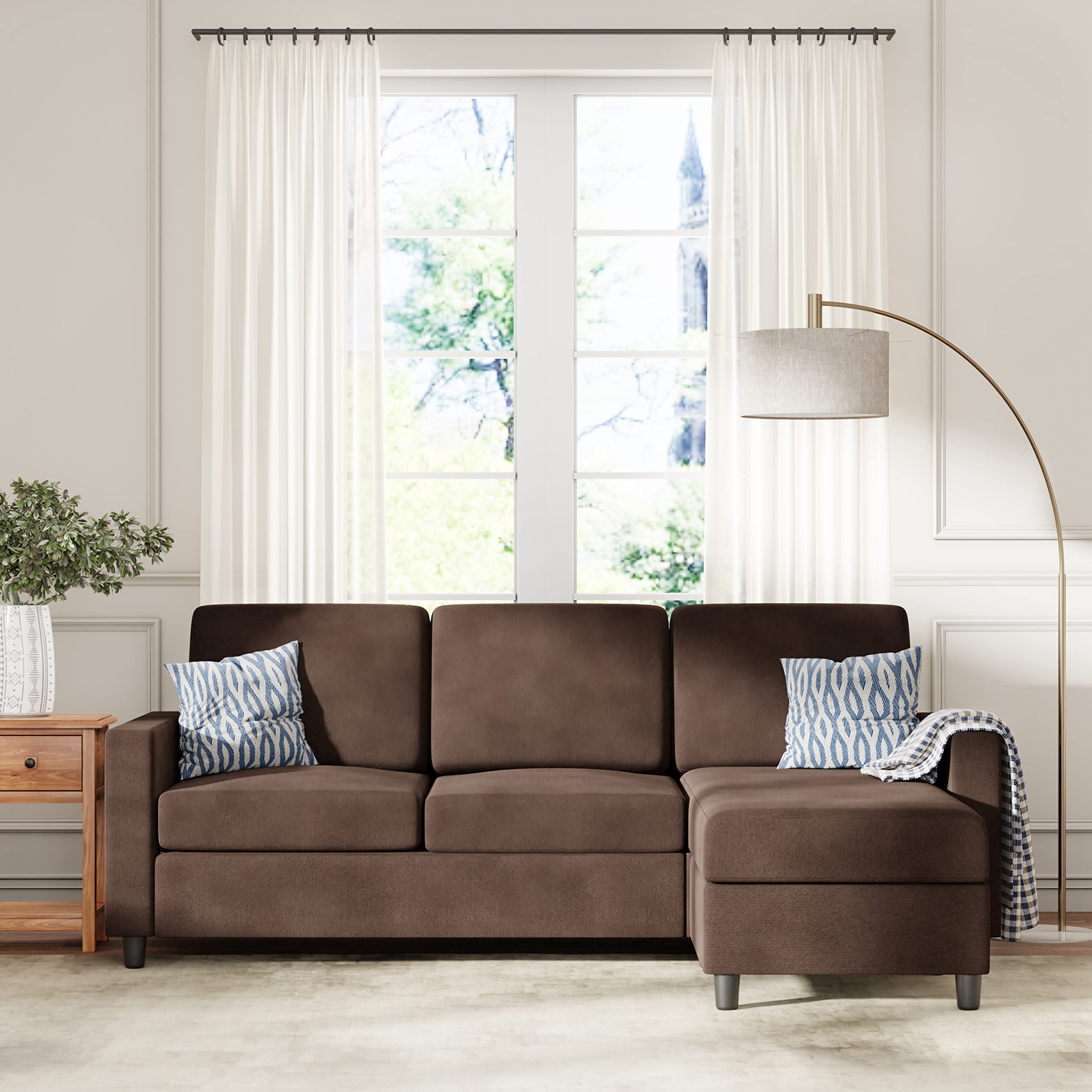 Walsunny Convertible Sectional Sofa for Small Space L-Shaped Couch with Modern Linen Fabric (Brown)