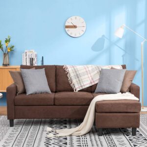 Walsunny Convertible Sectional Sofa for Small Space L-Shaped Couch with Modern Linen Fabric (Brown)