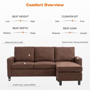 Walsunny Convertible Sectional Sofa for Small Space L-Shaped Couch with Modern Linen Fabric (Brown)