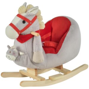qaba kids ride-on rocking horse toy, rocker with lullaby song, hand puppets & soft plush fabric for children 18-36 months, gray
