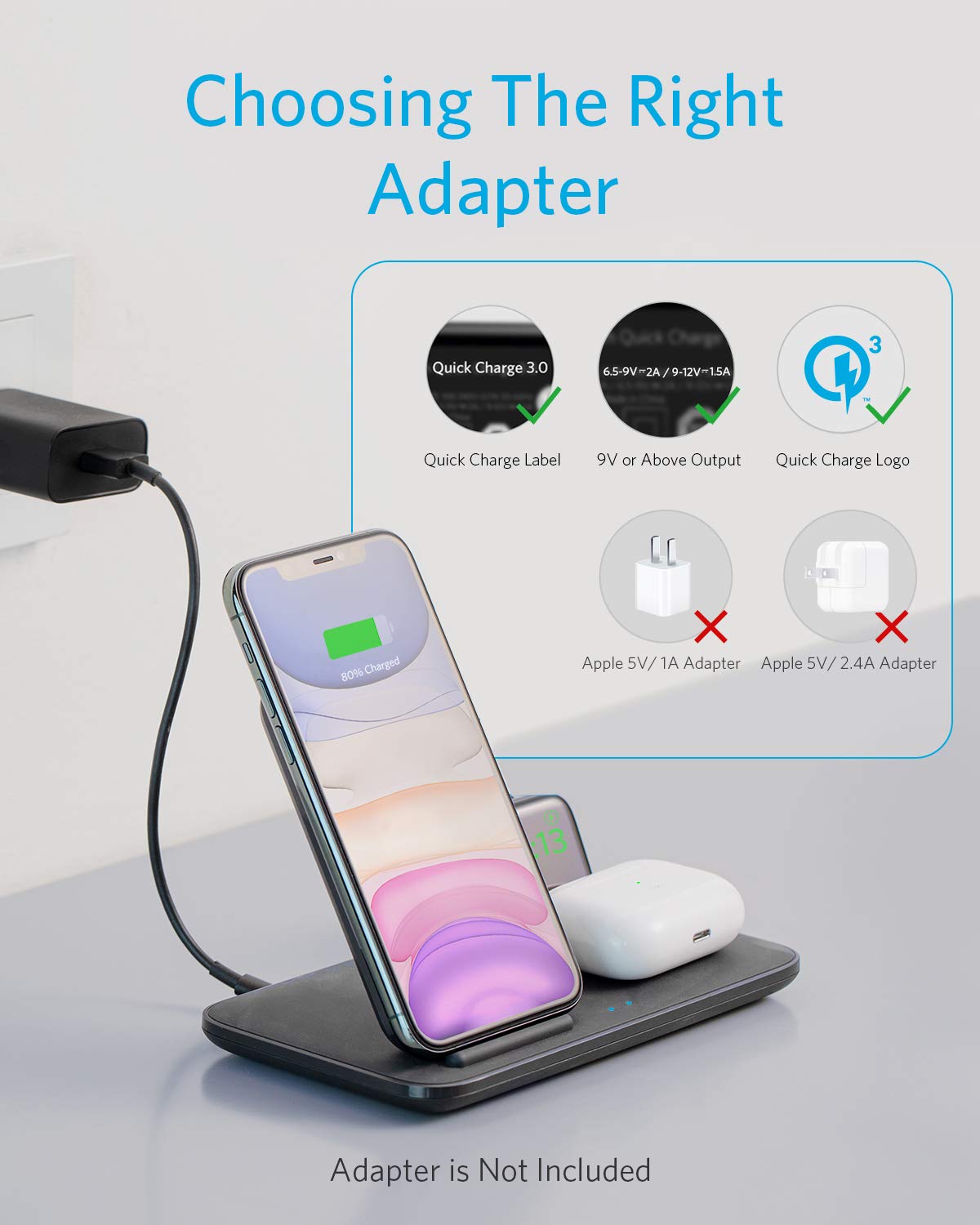 Anker Wireless Charging Station for Apple, PowerWave 3-in-1 Qi-Certified Stand for iPhone 14 Series, AirPods Pro, Apple Watch Series 1-6 (Watch Charging Cable & QC Adapter Not Included)