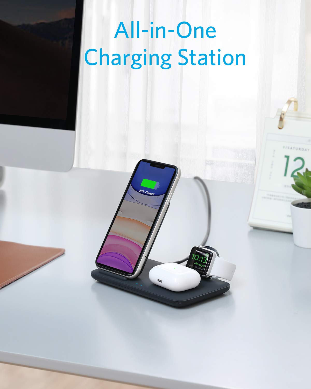 Anker Wireless Charging Station for Apple, PowerWave 3-in-1 Qi-Certified Stand for iPhone 14 Series, AirPods Pro, Apple Watch Series 1-6 (Watch Charging Cable & QC Adapter Not Included)