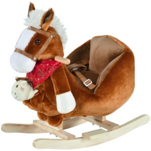 qaba kids ride-on rocking horse toy, rocker with lullaby song, hand puppets & soft plush fabric for children 18-36 months, brown