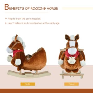 Qaba Kids Ride-On Rocking Horse Toy, Rocker with Lullaby Song, Hand Puppets & Soft Plush Fabric for Children 18-36 Months, Brown