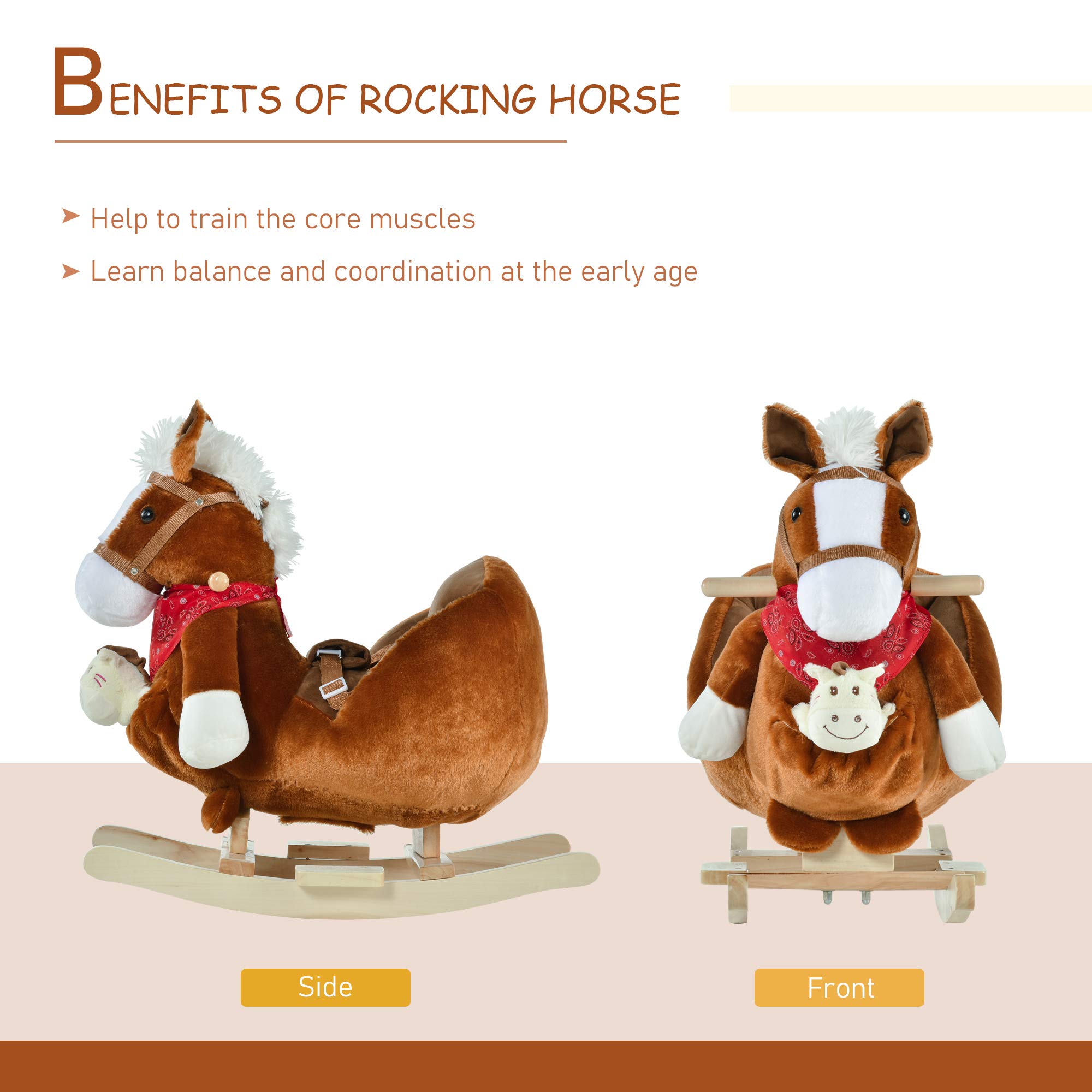 Qaba Kids Ride-On Rocking Horse Toy, Rocker with Lullaby Song, Hand Puppets & Soft Plush Fabric for Children 18-36 Months, Brown