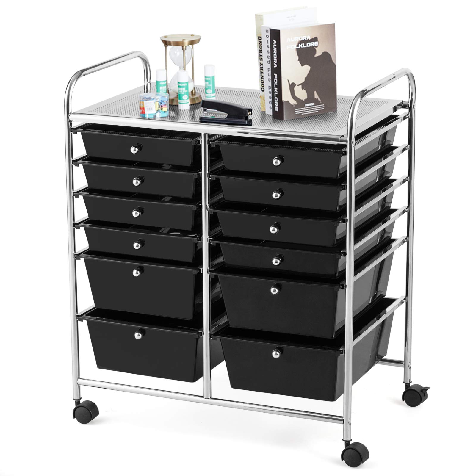 RELAX4LIFE Storage Cart W/12 Drawers Rolling Wheels Semi-Transparent Multipurpose Mobile Rolling Utility Cart for School, Office, Home, Beauty Salon Files Arrangement Storage Organizer Cart (Black)