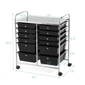 RELAX4LIFE Storage Cart W/12 Drawers Rolling Wheels Semi-Transparent Multipurpose Mobile Rolling Utility Cart for School, Office, Home, Beauty Salon Files Arrangement Storage Organizer Cart (Black)