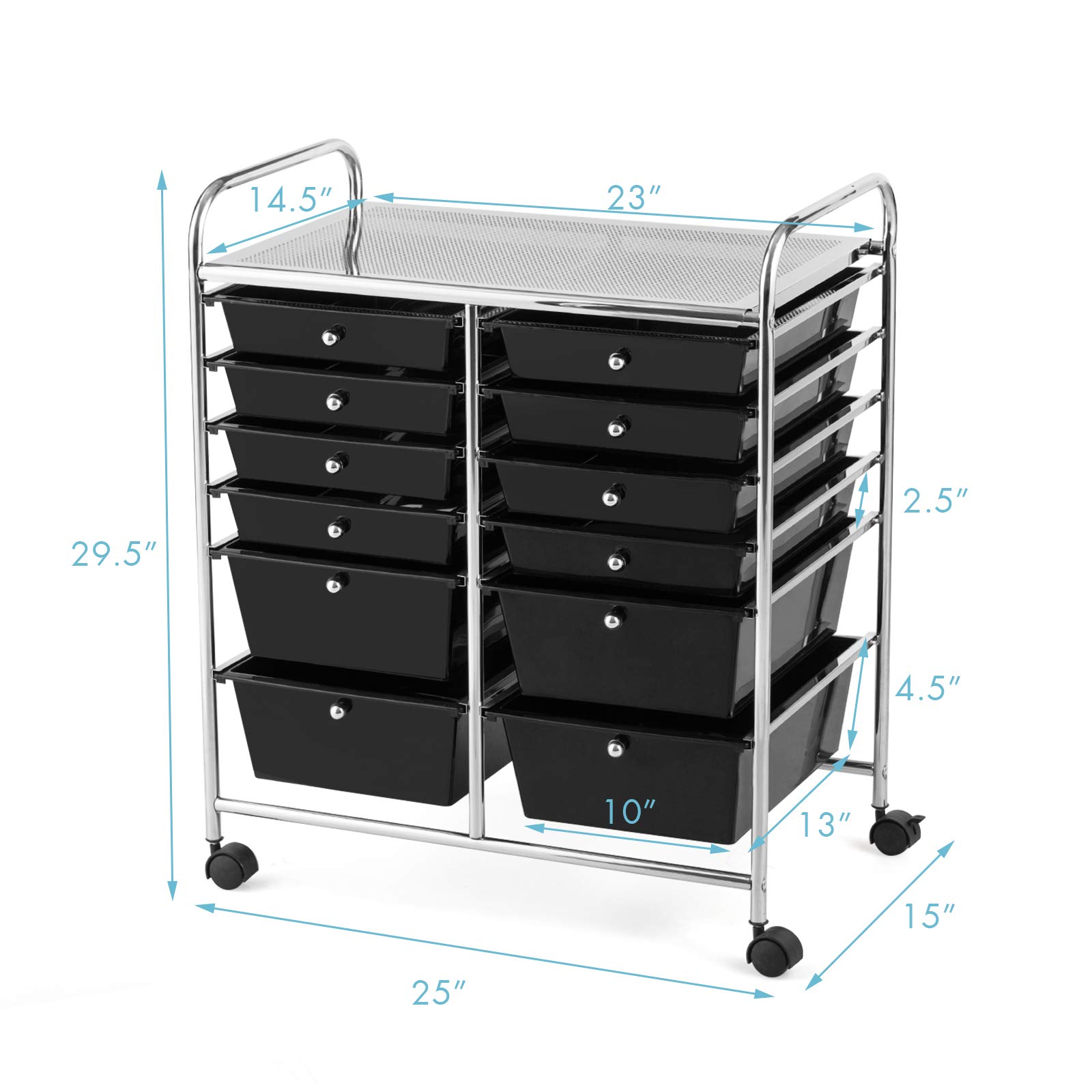 RELAX4LIFE Storage Cart W/12 Drawers Rolling Wheels Semi-Transparent Multipurpose Mobile Rolling Utility Cart for School, Office, Home, Beauty Salon Files Arrangement Storage Organizer Cart (Black)