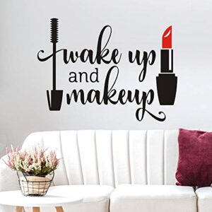 wake up and make up quote wall decal sticker, auhoky unique art words peel and stick space wall stickers, removable diy mural decor wallpaper for dressing room girls bedroom