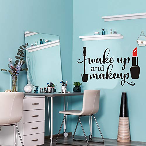 Wake up and Make up Quote Wall Decal Sticker, AUHOKY Unique Art Words Peel and Stick Space Wall Stickers, Removable DIY Mural Decor Wallpaper for Dressing Room Girls Bedroom