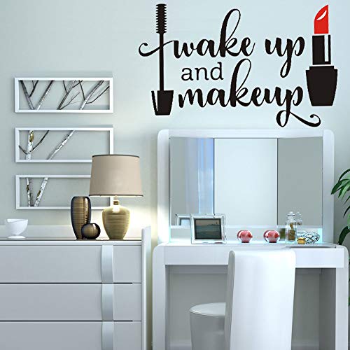 Wake up and Make up Quote Wall Decal Sticker, AUHOKY Unique Art Words Peel and Stick Space Wall Stickers, Removable DIY Mural Decor Wallpaper for Dressing Room Girls Bedroom