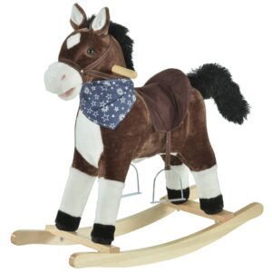 qaba kids plush ride-on rocking horse toy cowboy rocker with fun realistic sounds for child 3-6 years old, brown