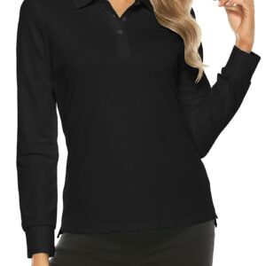 AjezMax Womens Golf Tennis Polo Shirts Long Sleeve Sun Protection Quick Dry Lightweight Casual Button Sports Athletic Tops Black Large