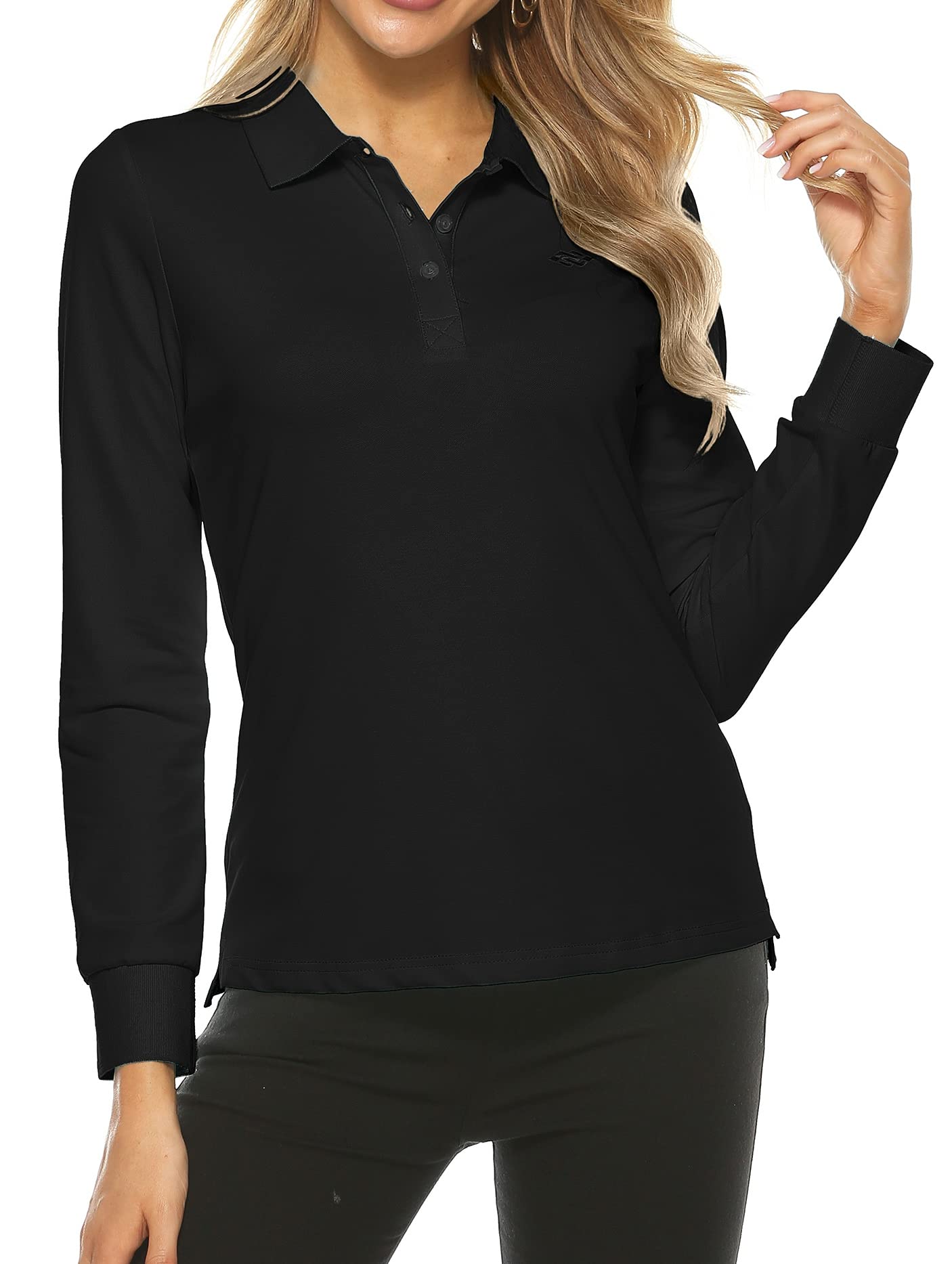 AjezMax Womens Golf Tennis Polo Shirts Long Sleeve Sun Protection Quick Dry Lightweight Casual Button Sports Athletic Tops Black Large