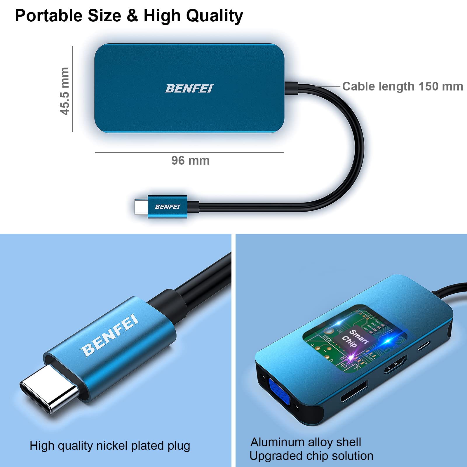 Benfei USB Type-C to HDMI+DisplayPort+VGA Adapter, 4K Support, Compatible with Laptops and TVs