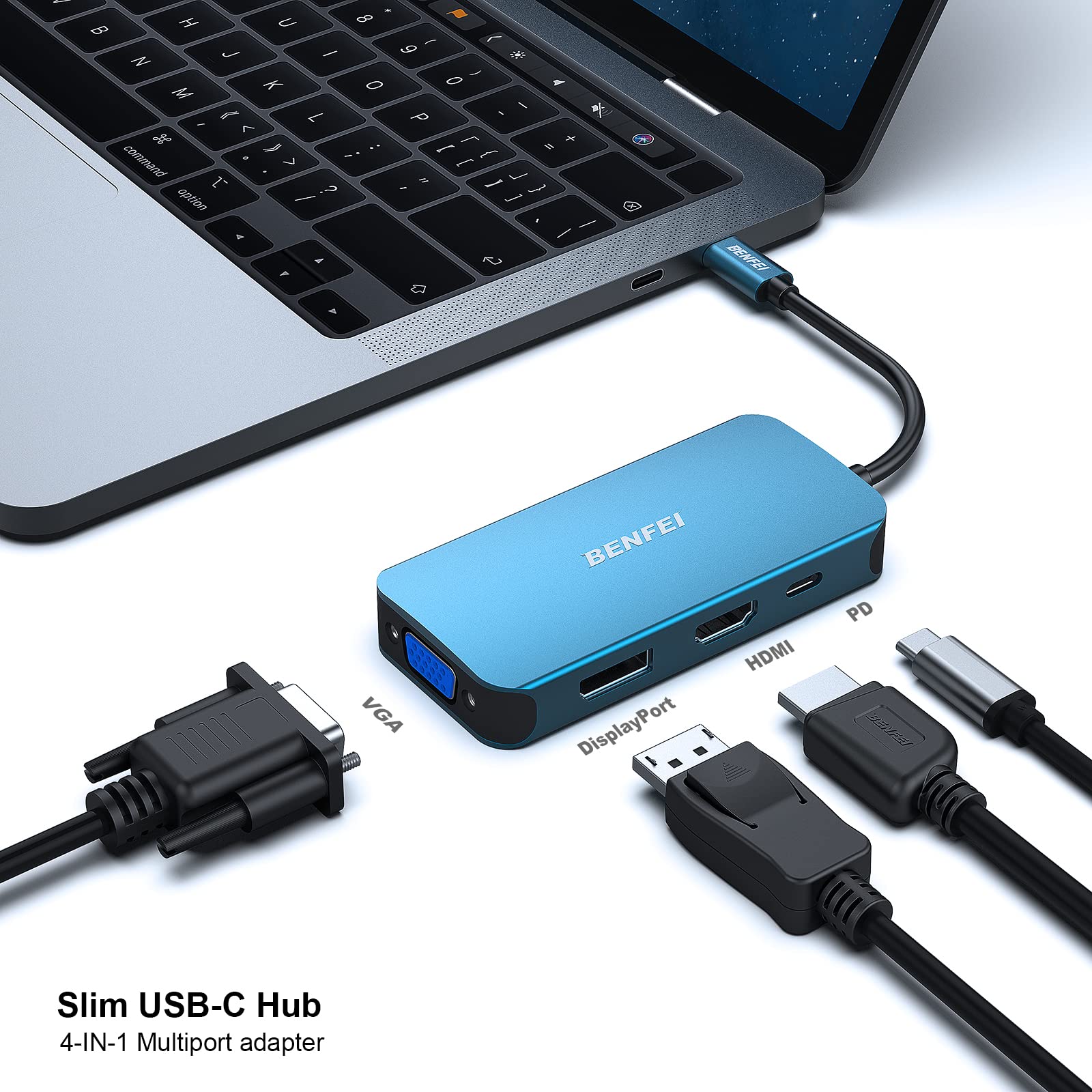 Benfei USB Type-C to HDMI+DisplayPort+VGA Adapter, 4K Support, Compatible with Laptops and TVs