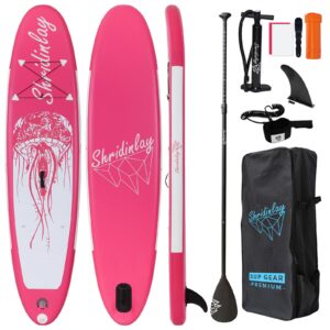 shridinlay inflatable stand up paddle board surfing sup boards, 6 inches thick isup boards with backpack,adjustable paddle, waterproof bag,leash,and hand pump for all skill levels (pink)