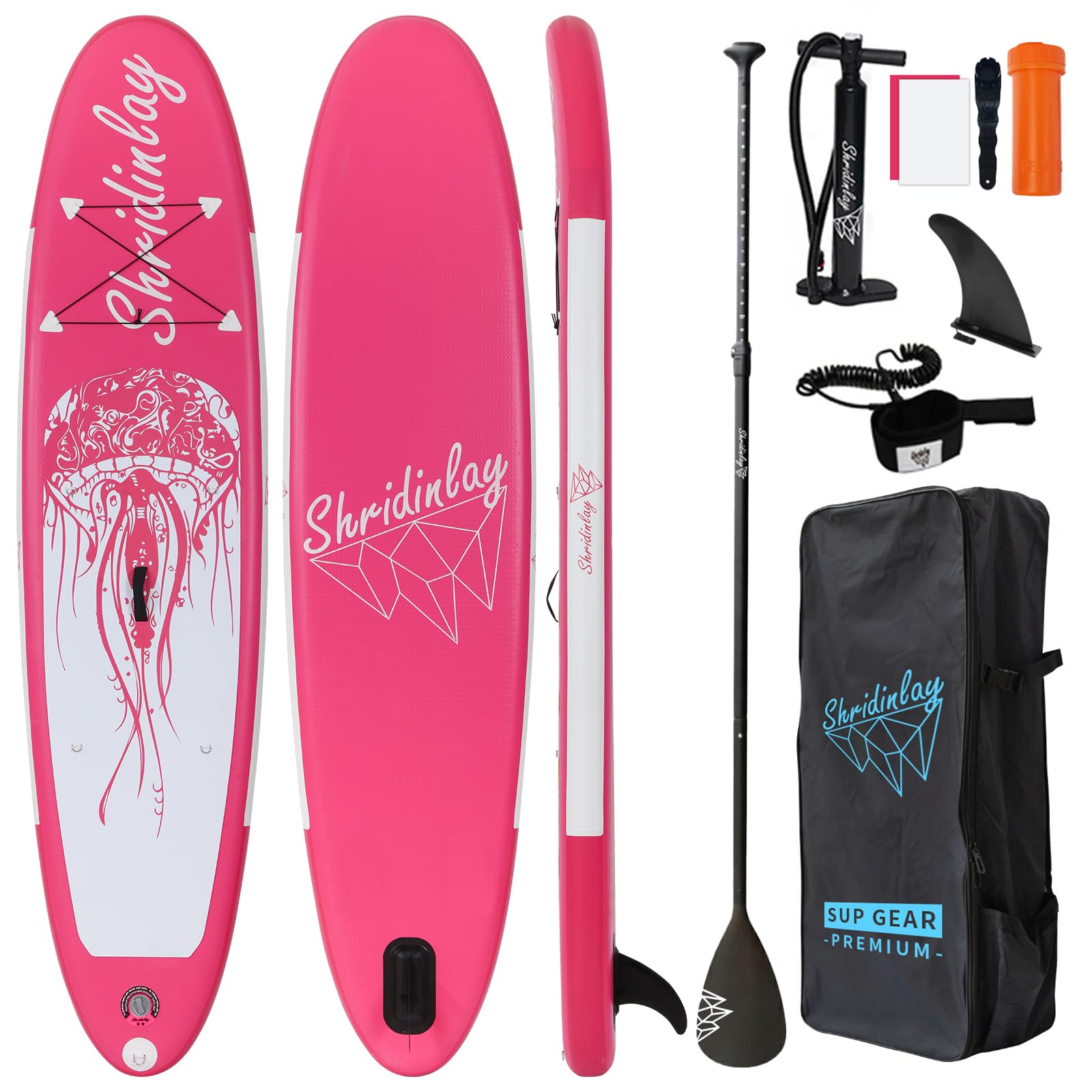 Shridinlay Inflatable Stand Up Paddle Board Surfing SUP Boards, 6 Inches Thick ISUP Boards with Backpack,Adjustable Paddle, Waterproof Bag,Leash,and Hand Pump for All Skill Levels (Pink)