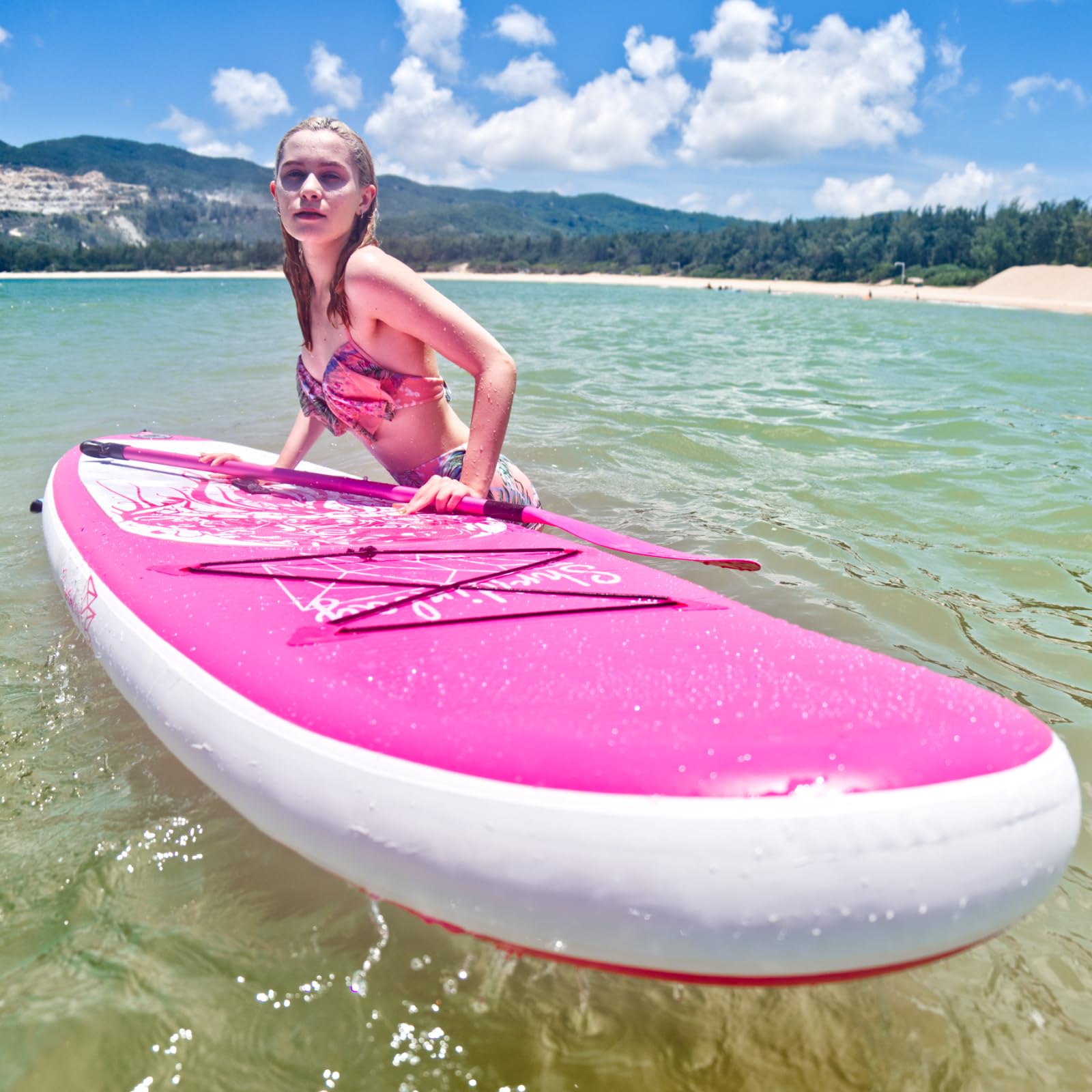 Shridinlay Inflatable Stand Up Paddle Board Surfing SUP Boards, 6 Inches Thick ISUP Boards with Backpack,Adjustable Paddle, Waterproof Bag,Leash,and Hand Pump for All Skill Levels (Pink)
