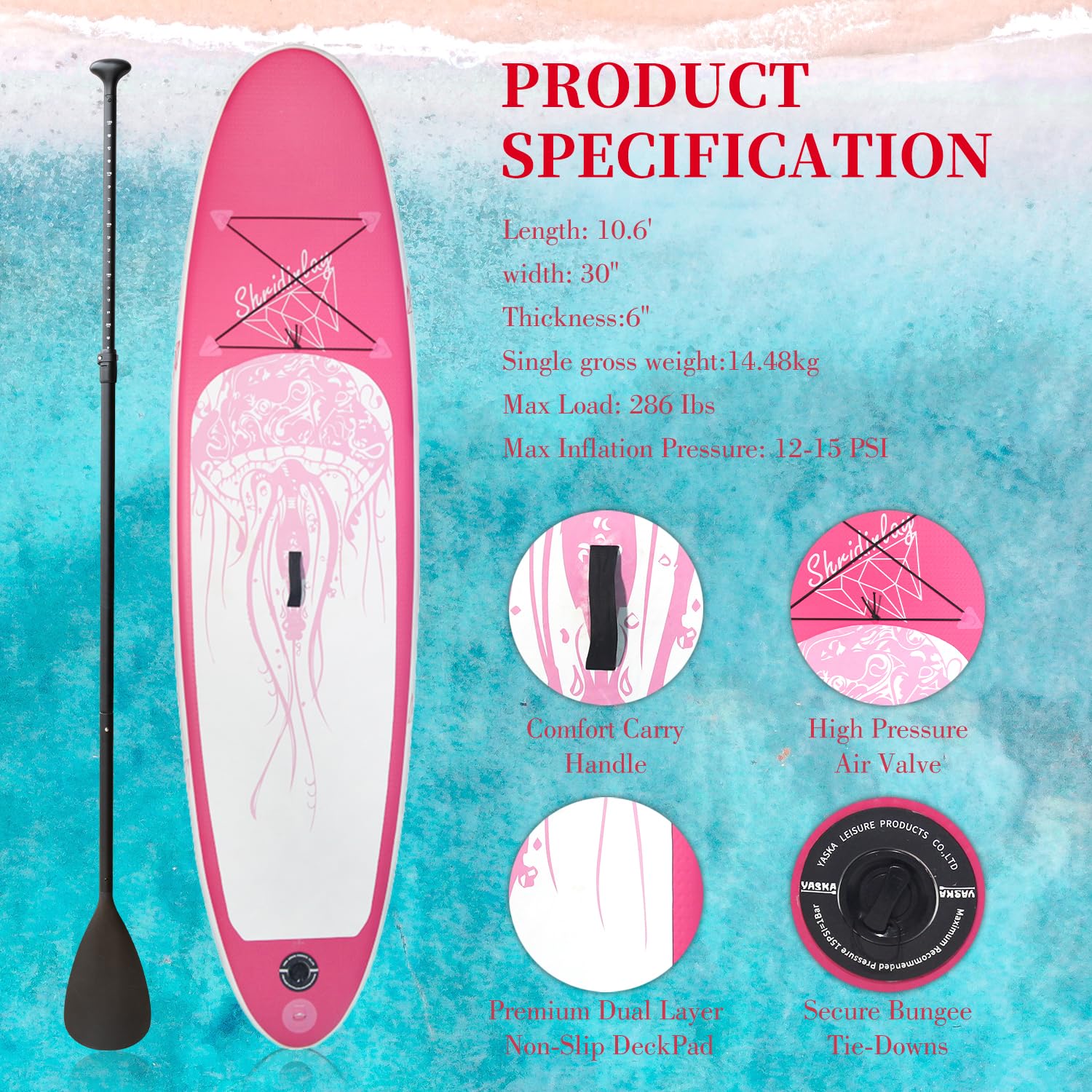 Shridinlay Inflatable Stand Up Paddle Board Surfing SUP Boards, 6 Inches Thick ISUP Boards with Backpack,Adjustable Paddle, Waterproof Bag,Leash,and Hand Pump for All Skill Levels (Pink)