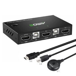 hdmi kvm switch for 2 computers 1 monitor, 4k@30hz kvm swicher for 2 computers share keyboard mouse and one hd monitor, with 2 hdmi cables and 2 usb cable