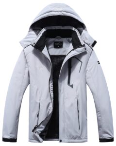 pooluly men's ski jacket warm winter waterproof windbreaker hooded raincoat snowboarding jackets light gray-m