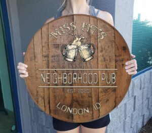 cbw personalized custom beer sign for home bar tavern pub beer mugs on oak barrel lid wall art whiskey barrel gift man cave natural wood brown large wall decor?