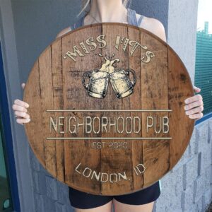 CBW Personalized Custom Beer Sign for Home Bar Tavern Pub Beer Mugs on Oak Barrel Lid Wall Art Whiskey Barrel Gift Man Cave Natural Wood Brown Large Wall Decor?