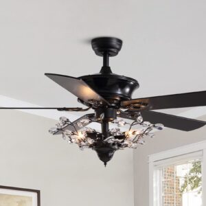 crossio modern crystal chandelier ceiling fan gorgeous reversible ceiling fan light fixture with remote for bedroom living room (black-2, 50")