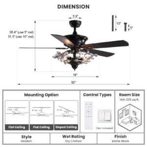 CROSSIO Modern Crystal Chandelier Ceiling Fan Gorgeous Reversible Ceiling Fan Light Fixture with Remote for Bedroom Living Room (Black-2, 50")