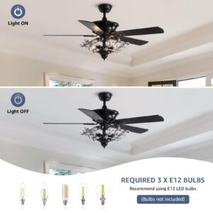 CROSSIO Modern Crystal Chandelier Ceiling Fan Gorgeous Reversible Ceiling Fan Light Fixture with Remote for Bedroom Living Room (Black-2, 50")