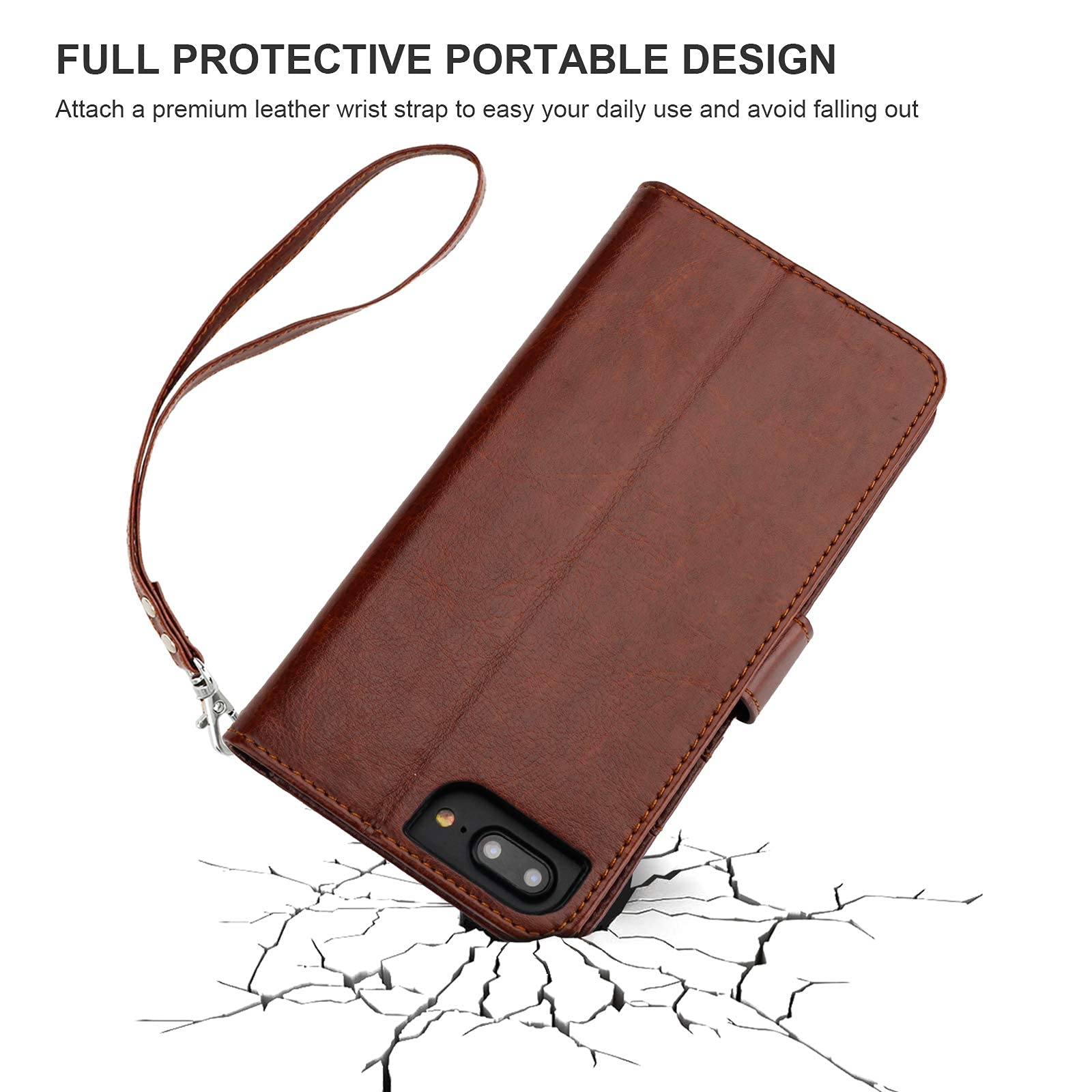 Bocasal iPhone 8 Plus iPhone 7 Plus Wallet Case with Card Holder PU Leather Magnetic Detachable Kickstand Shockproof Wrist Strap Removable Flip Cover for iPhone 7/8 Plus 5.5 inch (Brown)