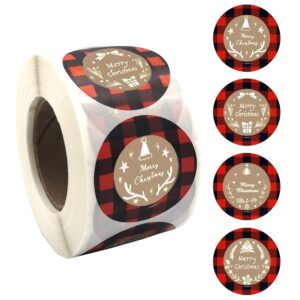 soplus 500 pieces buffalo plaid merry christmas stickers labels self-adhesive holiday stickers roll gift tags for christmas envelope stickers card seals, 1.5in in diameter, red and black
