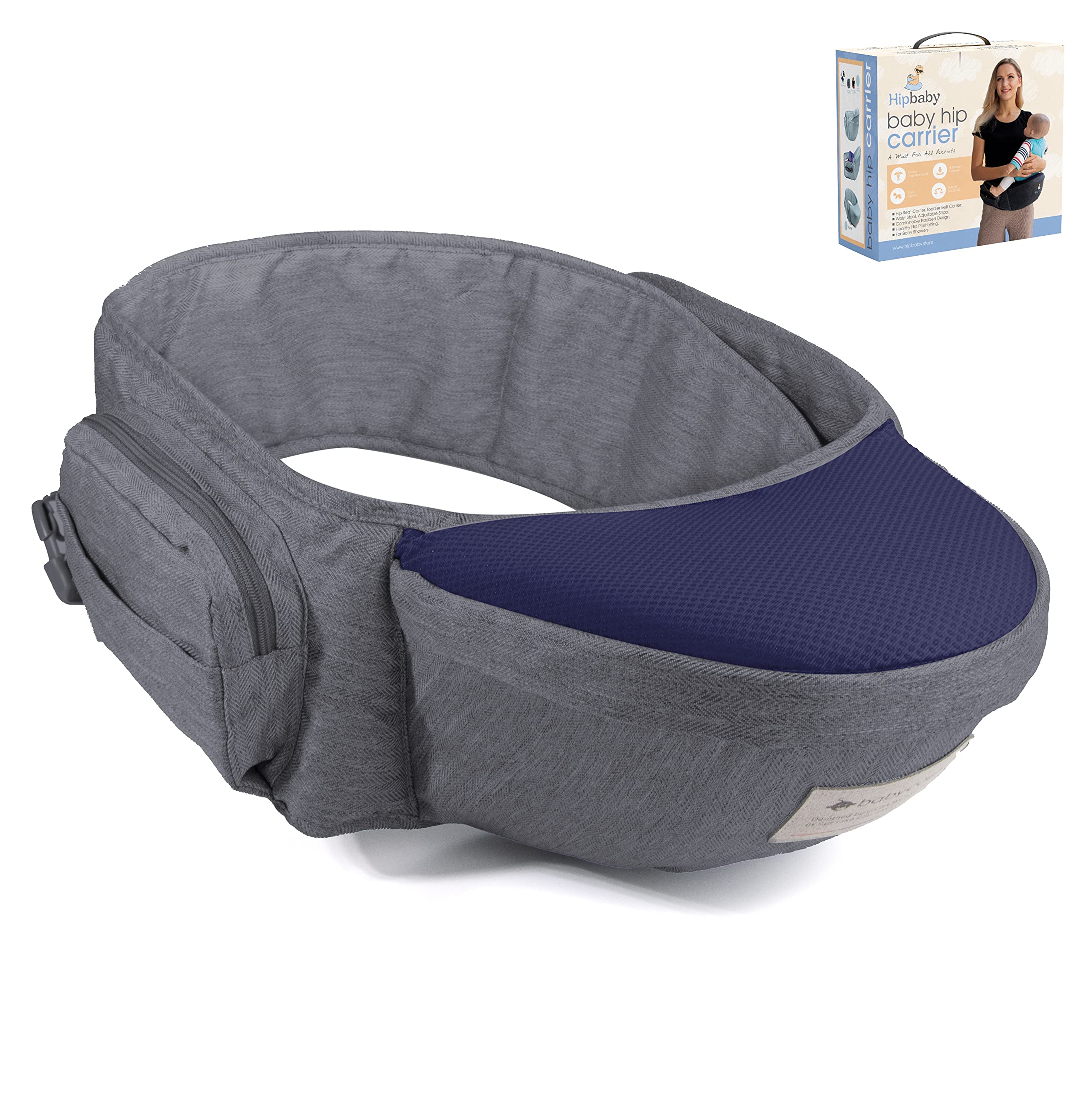 Hipbaby Baby Hip Seat Carrier - Waist Support Sling for Carrying Infants & Babies - Padded Belt, Cushioned Seat, Non-Slip Cotton Fabric, Adjustable Strap, Storage Pockets - CSC-Approved Design, Gray